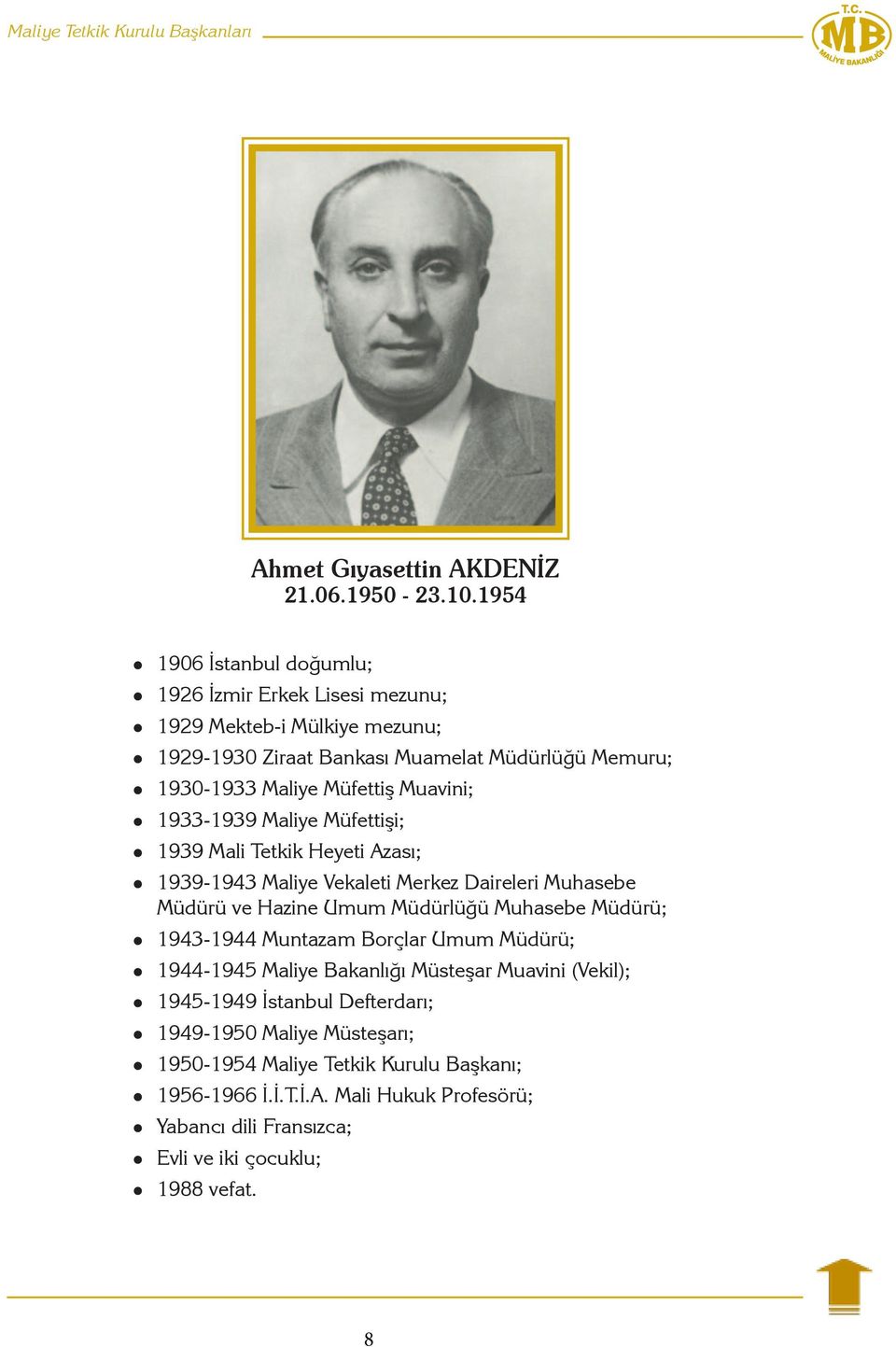 Muavini; 1933-1939 Maliye Müfettişi; 1939 Mali Tetkik Heyeti Azası; 1939-1943 Maliye Vekaleti Merkez Daireleri Muhasebe Müdürü ve Hazine Umum Müdürlüğü Muhasebe Müdürü;