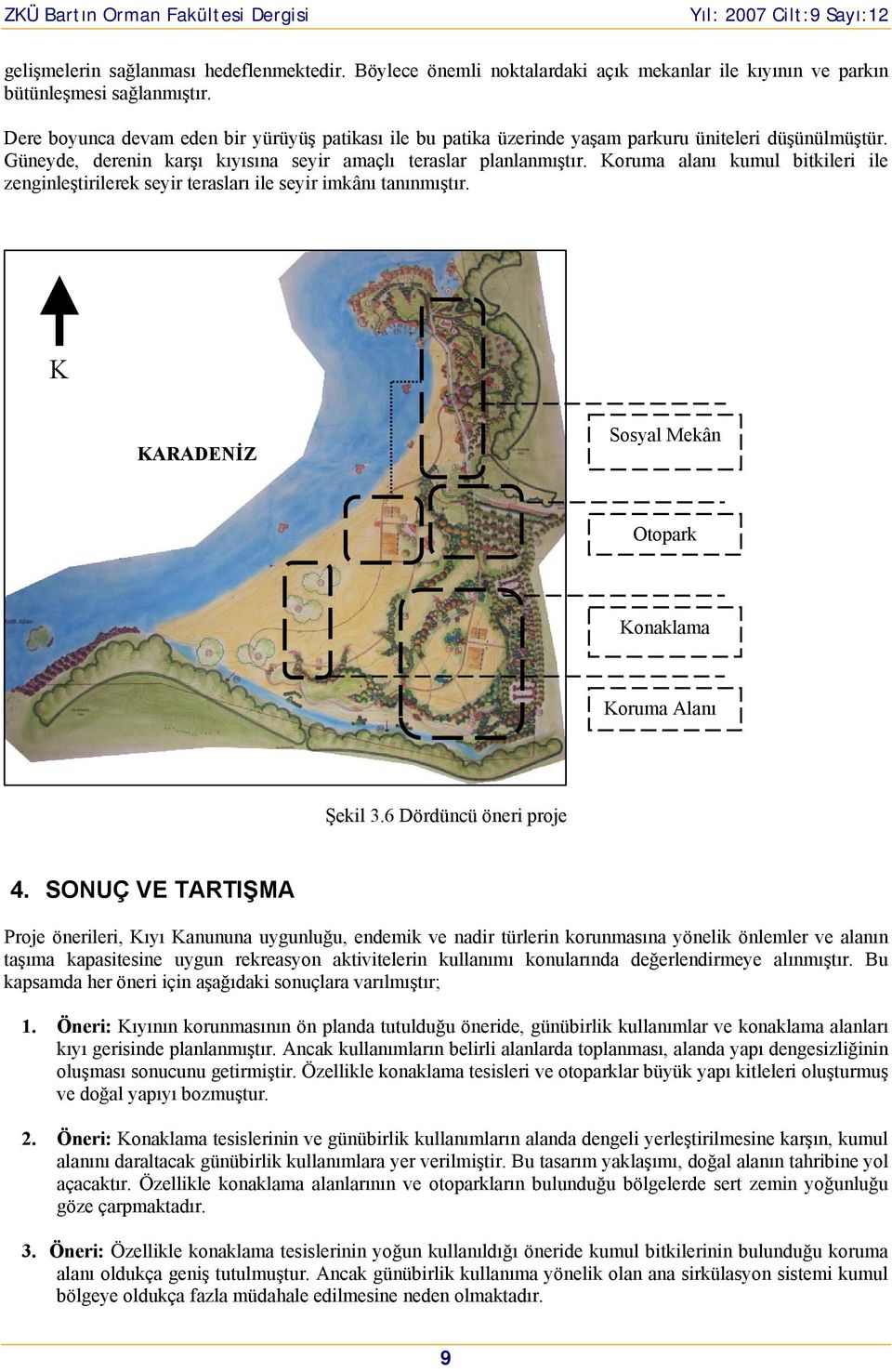 Koruma alanı kumul bitkileri ile zenginleştirilerek seyir terasları ile seyir imkânı tanınmıştır. K KARADENİZ Sosyal Mekân Otopark Konaklama Koruma Alanı Şekil 3.6 Dördüncü öneri proje 4.
