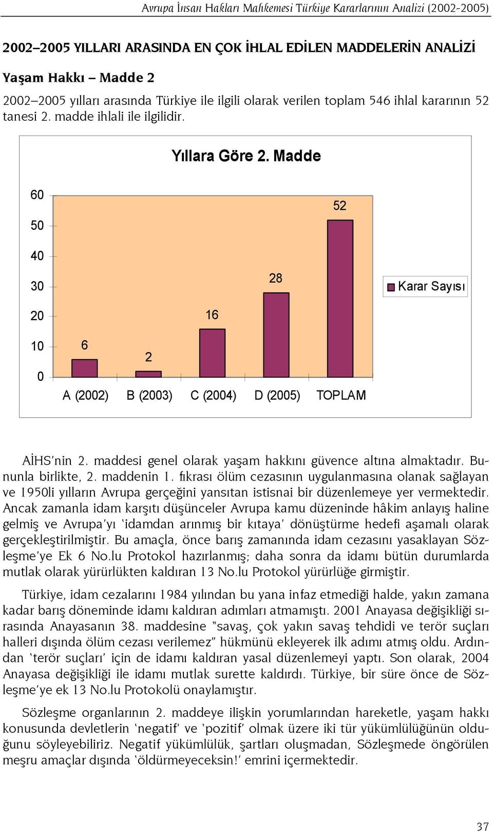 Madde 60 50 52 40 30 28 Karar Sayısı 20 10 0 16 6 2 A (2002) B (2003) C (2004) D (2005) TOPLAM AİHS nin 2. maddesi genel olarak yaşam hakkını güvence altına almaktadır. Bununla birlikte, 2.