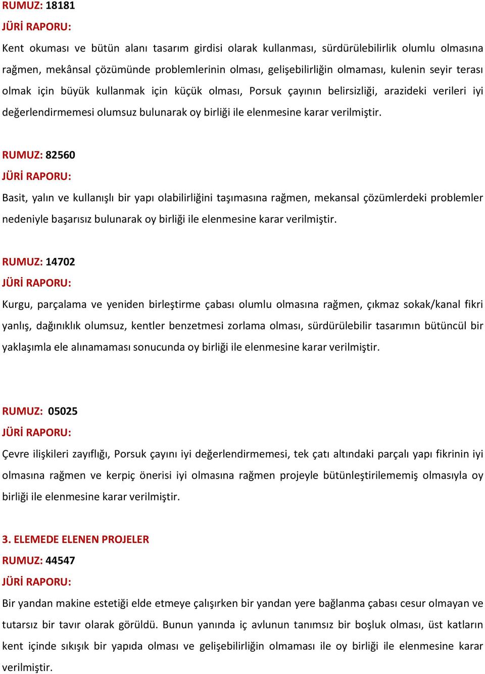 RUMUZ: 82560 Basit, yalın ve kullanışlı bir yapı olabilirliğini taşımasına rağmen, mekansal çözümlerdeki problemler nedeniyle başarısız bulunarak oy birliği ile elenmesine karar verilmiştir.