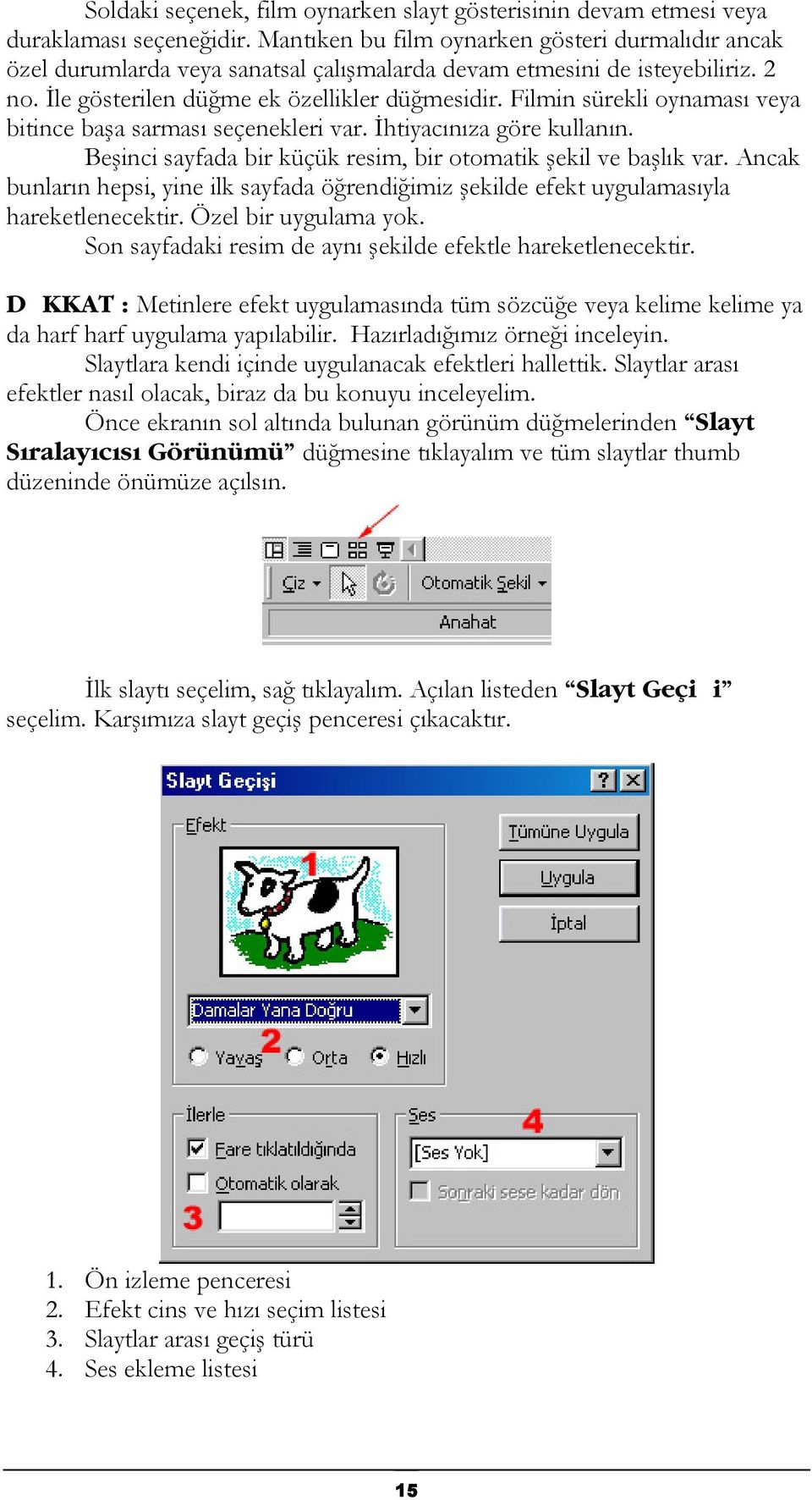 Filmin sürekli oynaması veya bitince başa sarması seçenekleri var. İhtiyacınıza göre kullanın. Beşinci sayfada bir küçük resim, bir otomatik şekil ve başlık var.