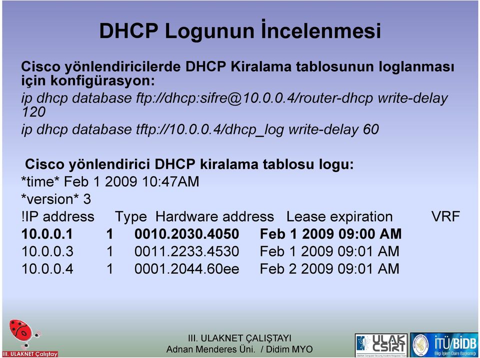 0.0.4/router-dhcp write-delay 120 ip dhcp database tftp://10.0.0.4/dhcp_log write-delay 60 Cisco yönlendirici DHCP kiralama tablosu logu: *time* Feb 1 2009 10:47AM *version* 3!