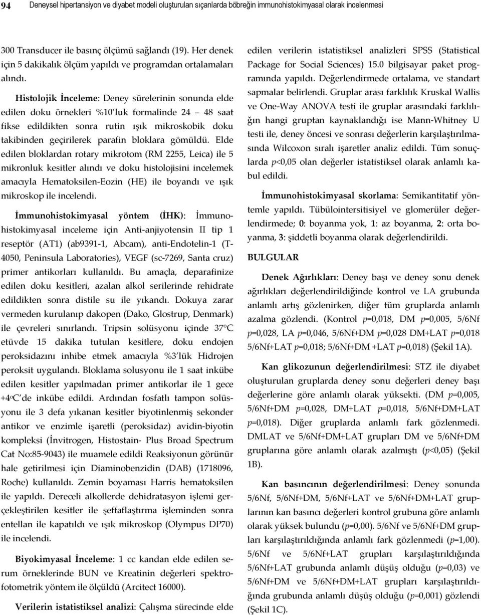 Histolojik İnceleme: Deney sürelerinin sonunda elde edilen doku örnekleri %10 luk formalinde 24 48 saat fikse edildikten sonra rutin ışık mikroskobik doku takibinden geçirilerek parafin bloklara