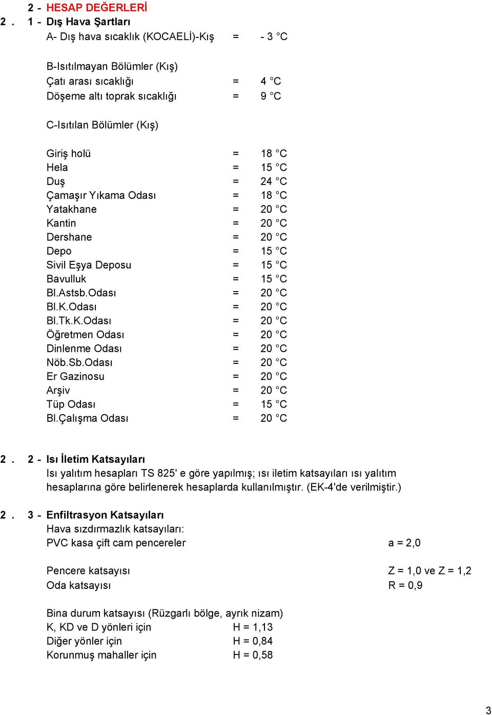 Hela = 15 C Duş = 24 C Çamaşır Yıkama Odası = 18 C Yatakhane = 2 C Kantin = 2 C Dershane = 2 C Depo = 15 C Sivil Eşya Deposu = 15 C Bavulluk = 15 C Bl.Astsb.Odası = 2 C Bl.K.Odası = 2 C Bl.Tk.K.Odası = 2 C Öğretmen Odası = 2 C Dinlenme Odası = 2 C Nöb.