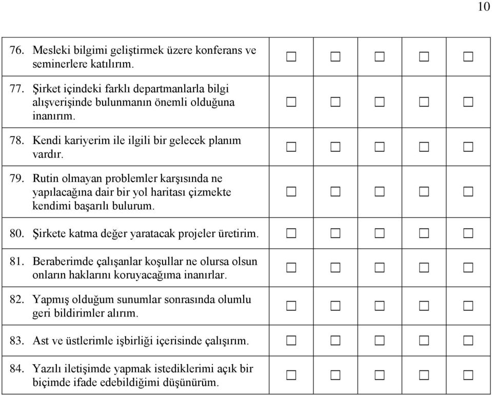 Şirkete katma değer yaratacak projeler üretirim. 81. Beraberimde çalışanlar koşullar ne olursa olsun onların haklarını koruyacağıma inanırlar. 82.