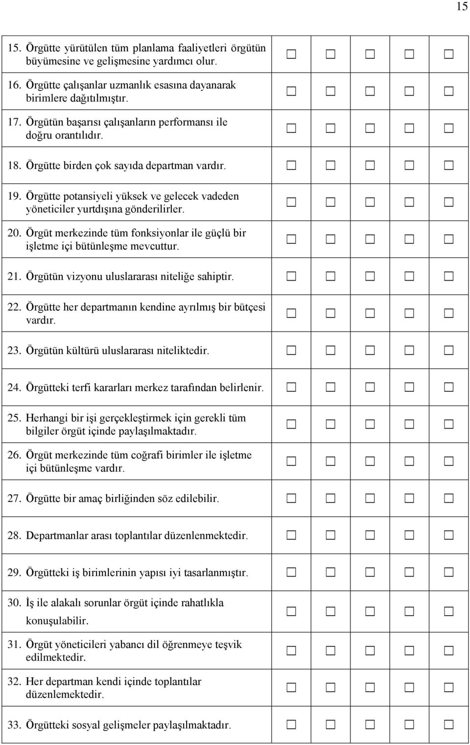 20. Örgüt merkezinde tüm fonksiyonlar ile güçlü bir işletme içi bütünleşme mevcuttur. 21. Örgütün vizyonu uluslararası niteliğe sahiptir. 22.