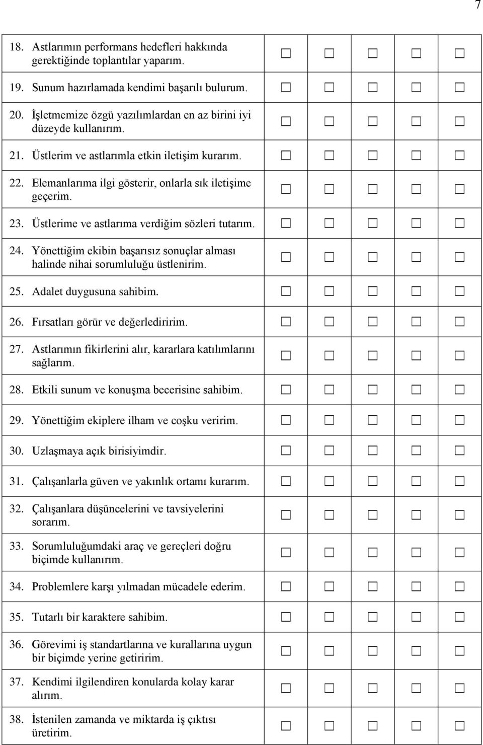 Yönettiğim ekibin başarısız sonuçlar alması halinde nihai sorumluluğu üstlenirim. 25. Adalet duygusuna sahibim. 26. Fırsatları görür ve değerlediririm. 27.