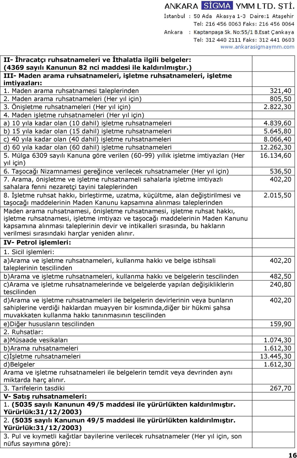 Maden işletme ruhsatnameleri (Her yıl için) a) 10 yıla kadar olan (10 dahil) işletme ruhsatnameleri 4.839,60 b) 15 yıla kadar olan (15 dahil) işletme ruhsatnameleri 5.