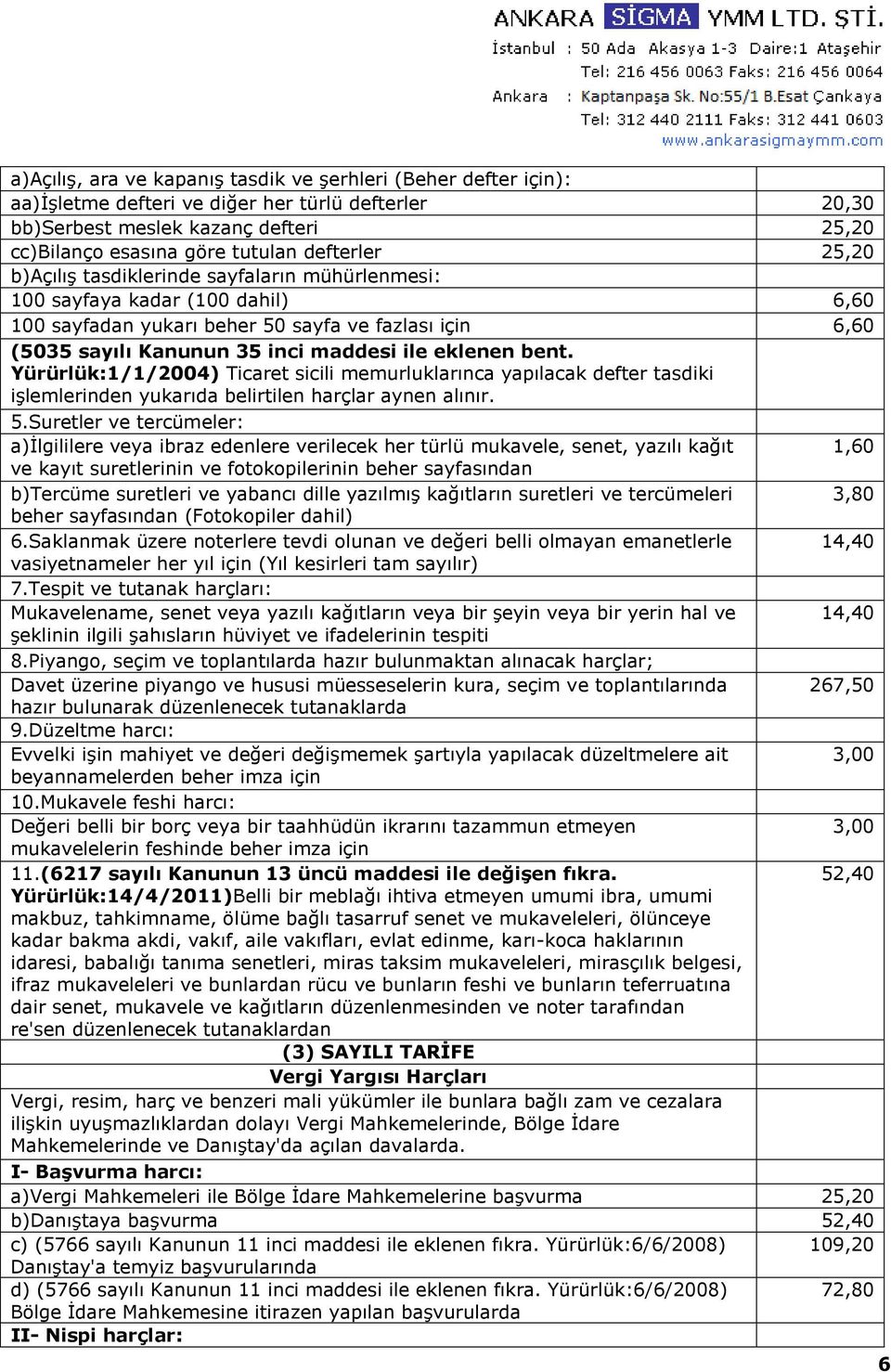 Yürürlük:1/1/2004) Ticaret sicili memurluklarınca yapılacak defter tasdiki işlemlerinden yukarıda belirtilen harçlar aynen alınır. 5.