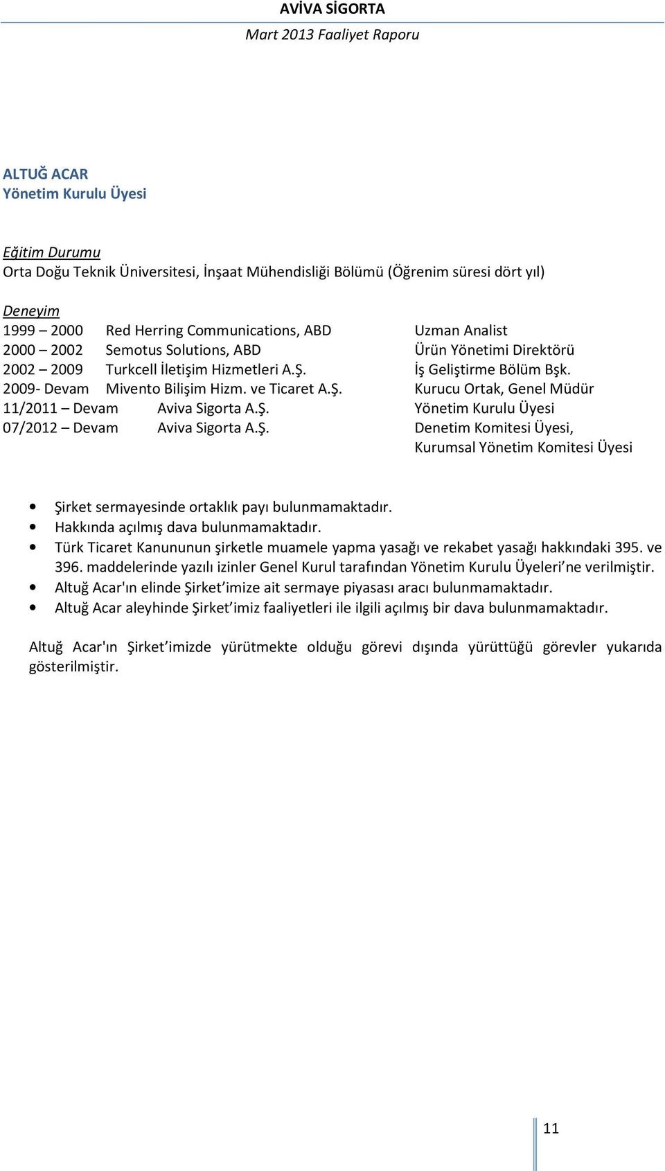 ve Ticaret A.Ş. Kurucu Ortak, Genel Müdür 11/2011 Devam Aviva Sigorta A.Ş. Yönetim Kurulu Üyesi 07/2012 Devam Aviva Sigorta A.Ş. Denetim Komitesi Üyesi, Kurumsal Yönetim Komitesi Üyesi Şirket sermayesinde ortaklık payı bulunmamaktadır.