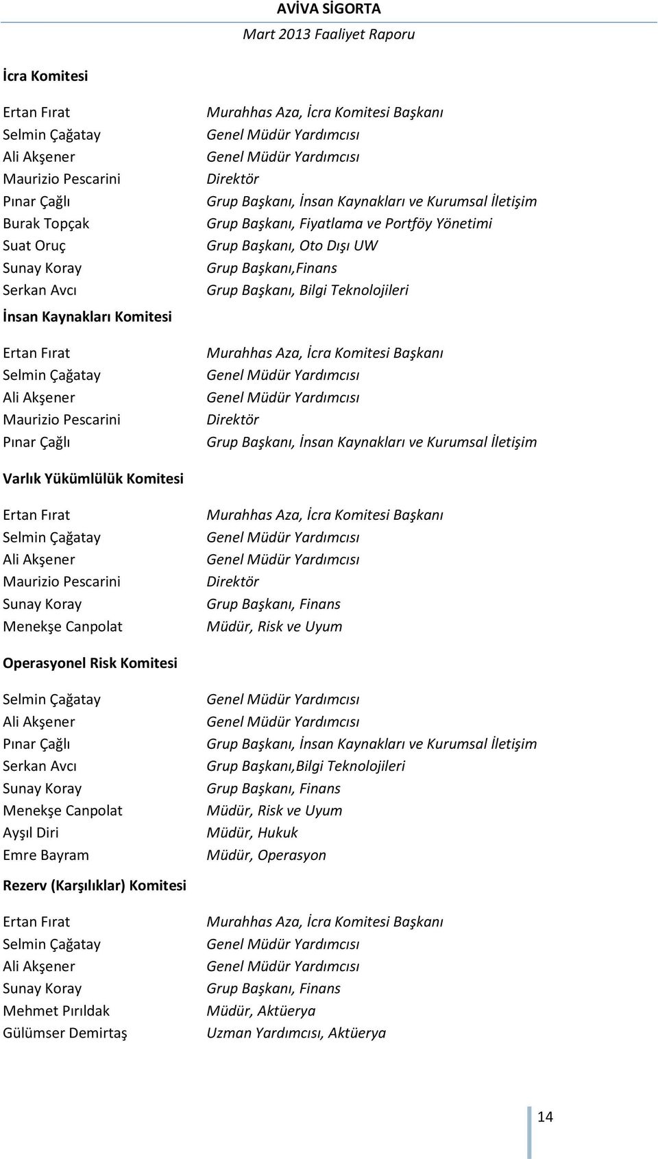 Kurumsal İletişim Grup Başkanı, Fiyatlama ve Portföy Yönetimi Grup Başkanı, Oto Dışı UW Grup Başkanı,Finans Grup Başkanı, Bilgi Teknolojileri Murahhas Aza, İcra Komitesi Başkanı Genel Müdür