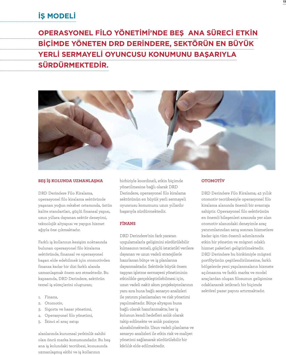 Beş iş kolunda uzmanlaşma DRD Derindere Filo Kiralama, operasyonel filo kiralama sektöründe yaşanan yoğun rekabet ortamında, üstün kalite standartları, güçlü finansal yapısı, uzun yıllara dayanan