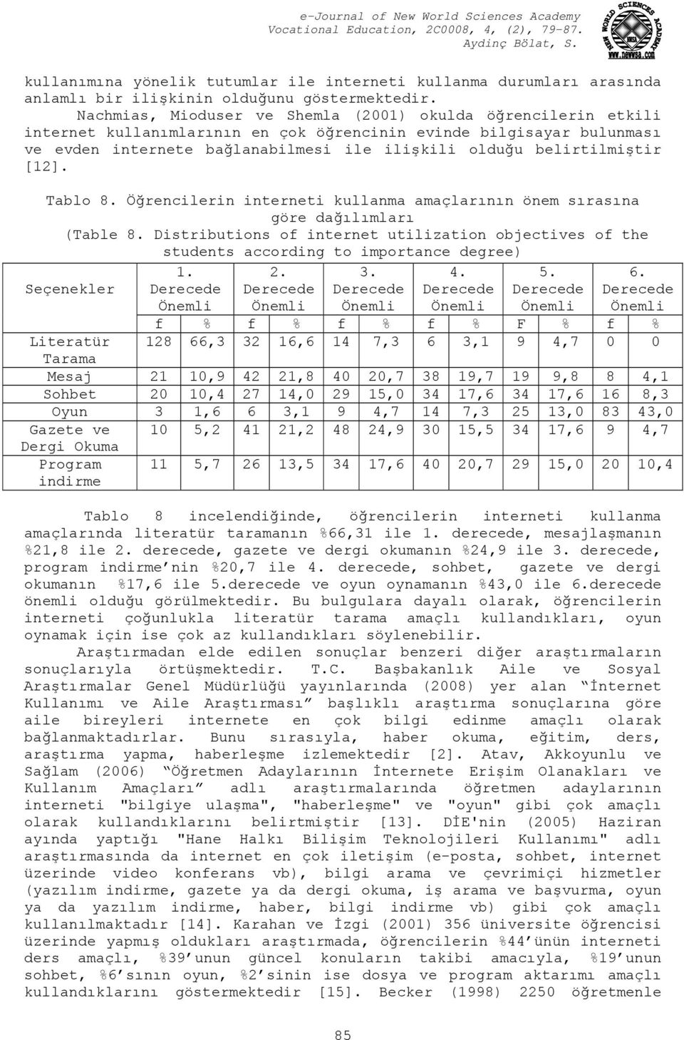 belirtilmiştir [12]. Tablo 8. Öğrencilerin interneti kullanma amaçlarının önem sırasına göre dağılımları (Table 8.