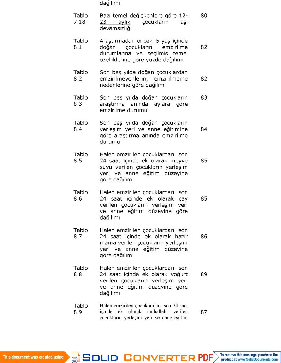 9 dağılımı Bazı temel değişkenlere göre 12-23 aylık çocukların aşı devamsızlığı Araştırmadan önceki 5 yaş içinde doğan çocukların emzirilme durumlarına ve seçilmiş temel özelliklerine göre yüzde