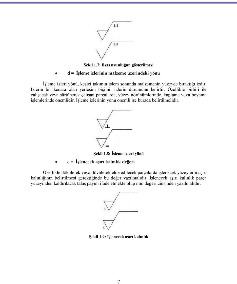 Özellikle birbiri ile çalışacak veya sürtünerek çalışan parçalarda, yüzey görünümlerinde, kaplama veya boyama işlemlerinde önemlidir. İşleme izlerinin yönü önemli ise burada belirtilmelidir. Şekil 1.