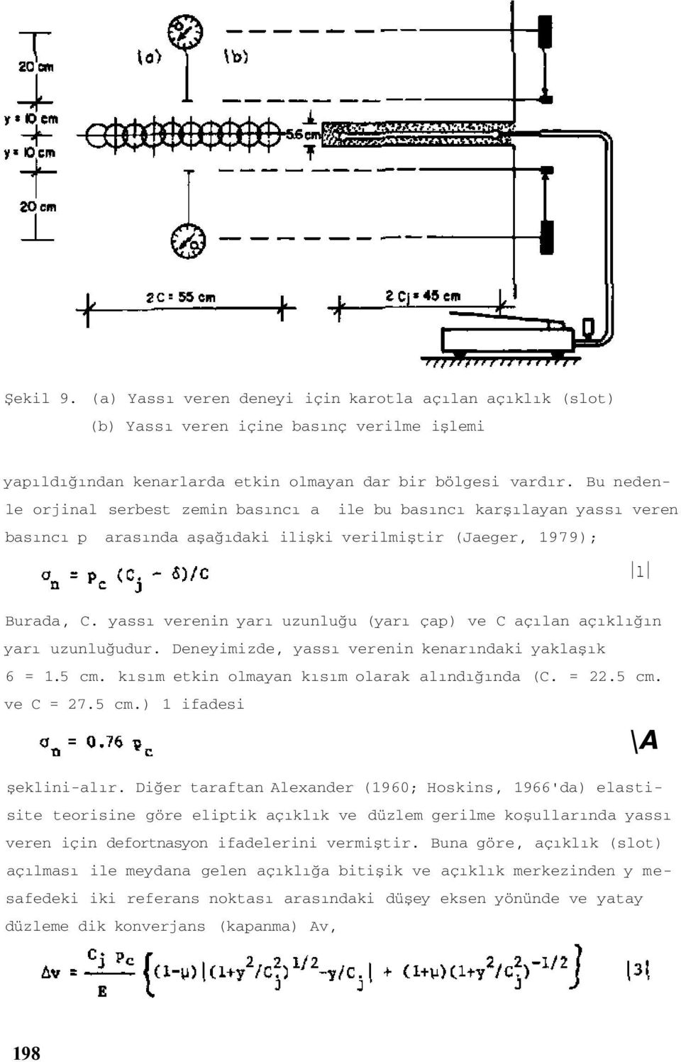 yassı verenin yarı uzunluğu (yarı çap) ve C açılan açıklığın yarı uzunluğudur. Deneyimizde, yassı verenin kenarındaki yaklaşık 6 = 1.5 cm. kısım etkin olmayan kısım olarak alındığında (C. = 22.5 cm. ve C = 27.