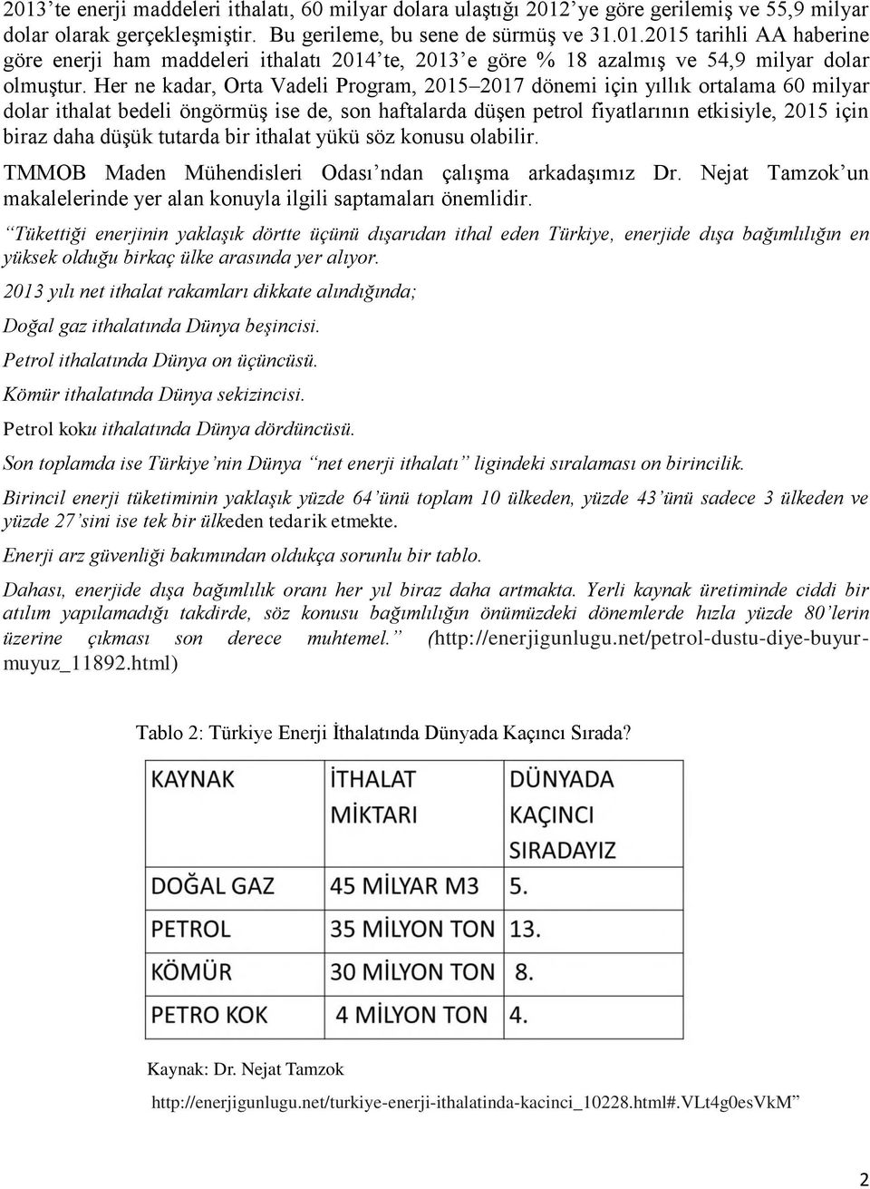 tutarda bir ithalat yükü söz konusu olabilir. TMMOB Maden Mühendisleri Odası ndan çalışma arkadaşımız Dr. Nejat Tamzok un makalelerinde yer alan konuyla ilgili saptamaları önemlidir.