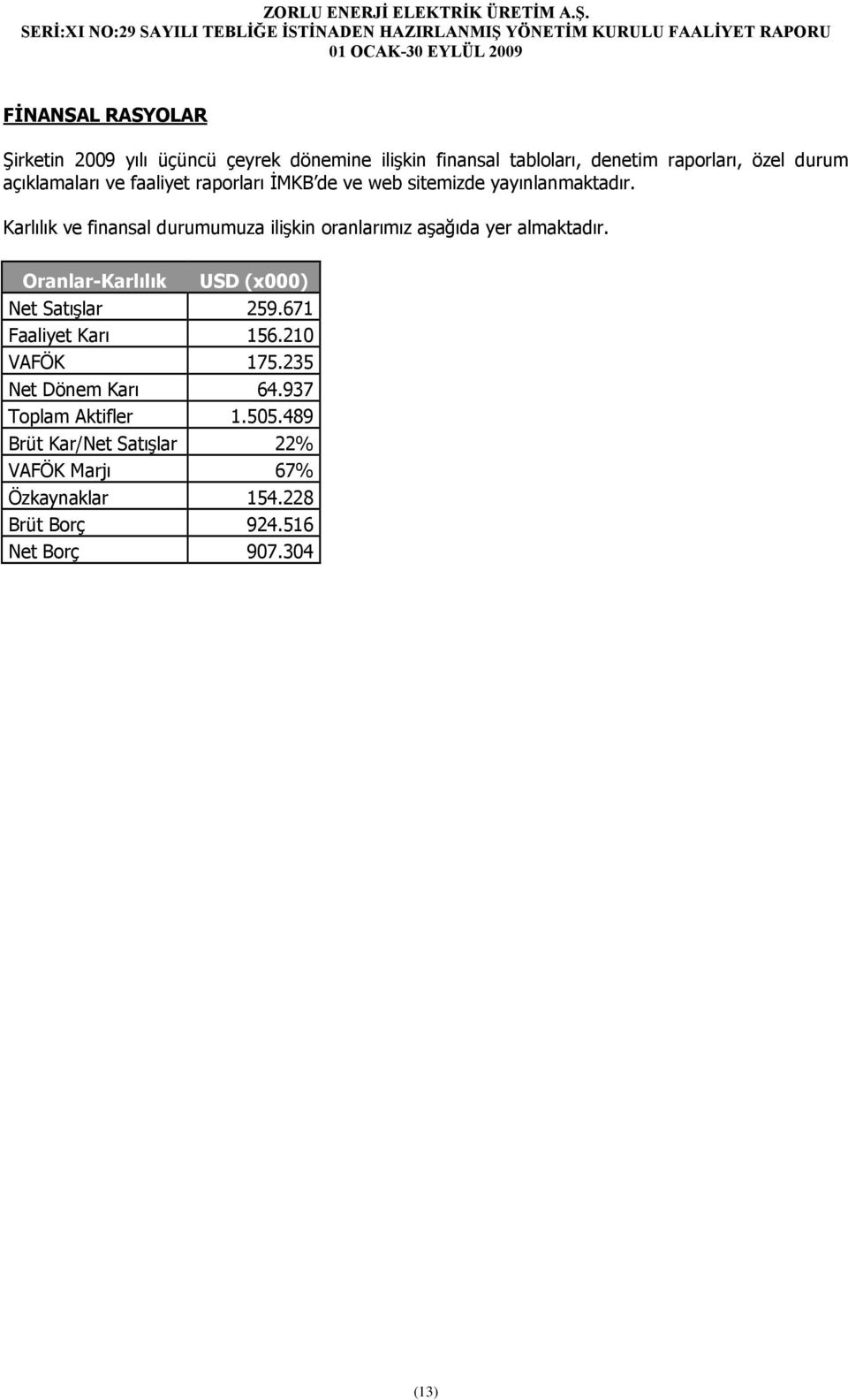 Karlılık ve finansal durumumuza ilişkin oranlarımız aşağıda yer almaktadır. Oranlar-Karlılık USD (x000) Net Satışlar 259.
