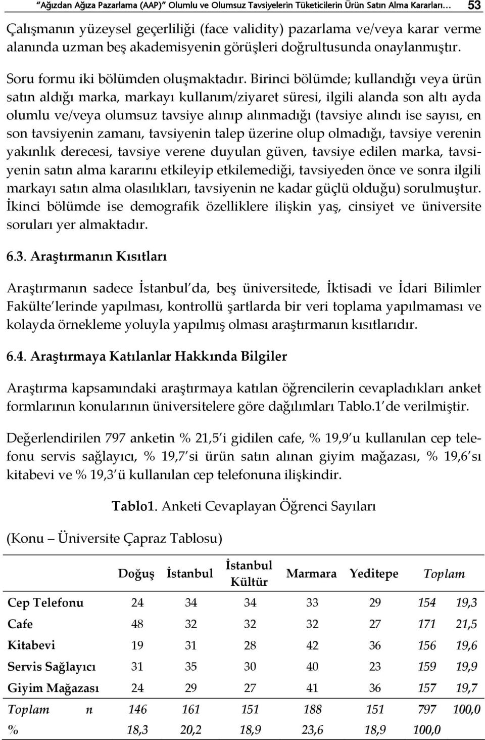 Birinci bölümde; kullandığı veya ürün satın aldığı marka, markayı kullanım/ziyaret süresi, ilgili alanda son altı ayda olumlu ve/veya olumsuz tavsiye alınıp alınmadığı (tavsiye alındı ise sayısı, en