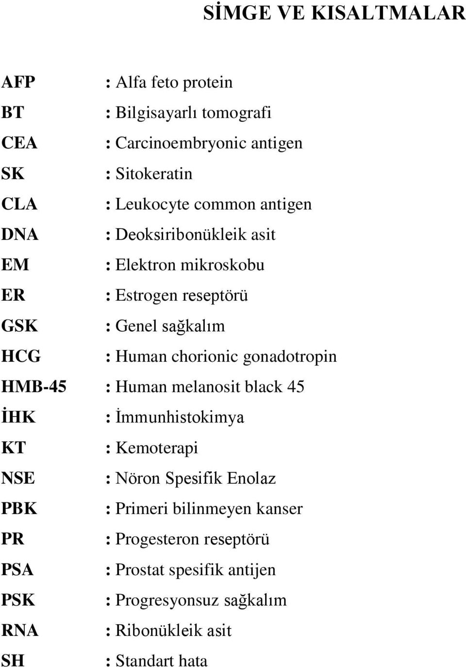 gonadotropin HMB-45 : Human melanosit black 45 ĠHK : Ġmmunhistokimya KT : Kemoterapi NSE : Nöron Spesifik Enolaz PBK : Primeri