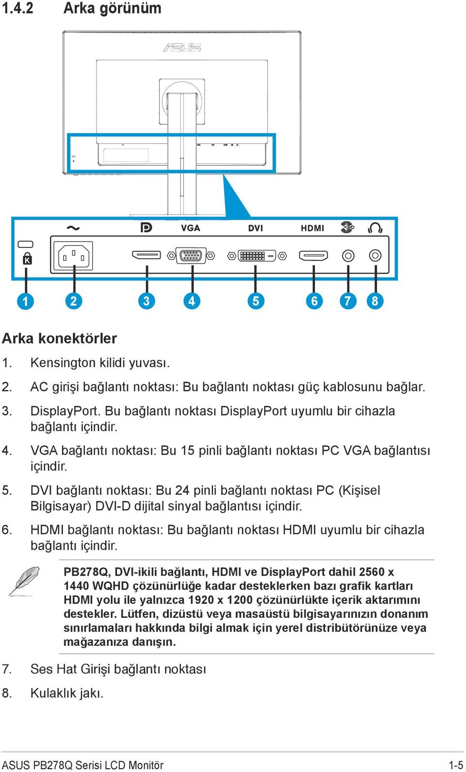 DVI bağlantı noktası: Bu 24 pinli bağlantı noktası PC (Kişisel Bilgisayar) DVI-D dijital sinyal bağlantısı içindir. 6.