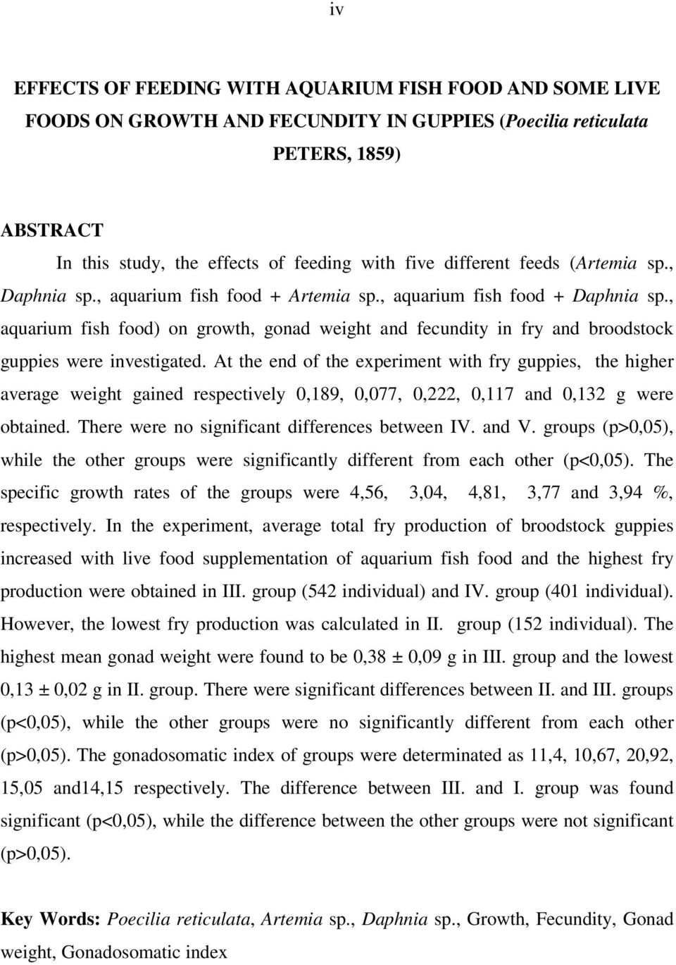, aquarium fish food) on growth, gonad weight and fecundity in fry and broodstock guppies were investigated.