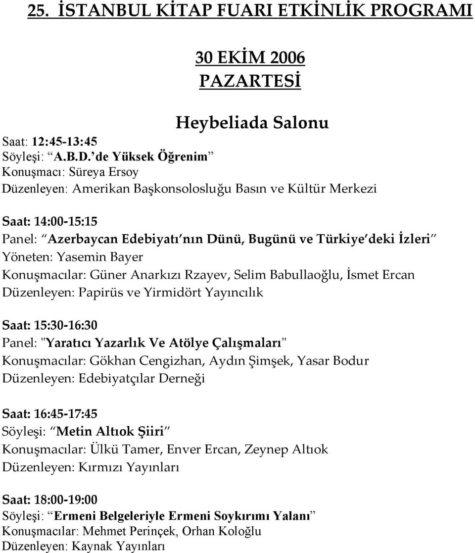 Yasemin Bayer Konuşmacılar: Güner Anarkızı Rzayev, Selim Babullaoğlu, İsmet Ercan Düzenleyen: Papirüs ve Yirmidört Yayıncılık Saat: 15:30-16:30 Panel: ʺYaratıcı Yazarlık Ve Atölye Çalışmalarıʺ