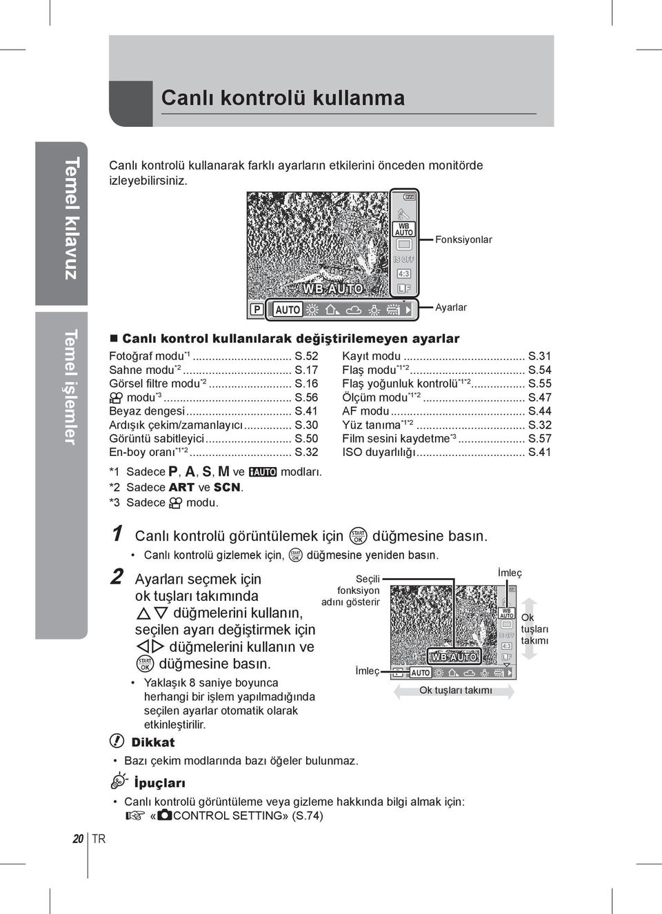 .. S.56 Beyaz dengesi... S.41 Ardışık çekim/zamanlayıcı... S.30 Görüntü sabitleyici... S.50 En-boy oranı *1*2... S.32 *1 Sadece P, A, S, M ve A modları. *2 Sadece ART ve SCN. *3 Sadece n modu.