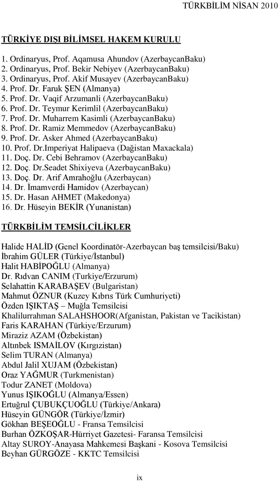 Prof. Dr. Asker Ahmed (AzerbaycanBaku) 10. Prof. Dr.Imperiyat Halipaeva (Dağistan Maxackala) 11. Doç. Dr. Cebi Behramov (AzerbaycanBaku) 12. Doç. Dr.Seadet Shixiyeva (AzerbaycanBaku) 13. Doç. Dr. Arif Amrahoğlu (Azerbaycan) 14.