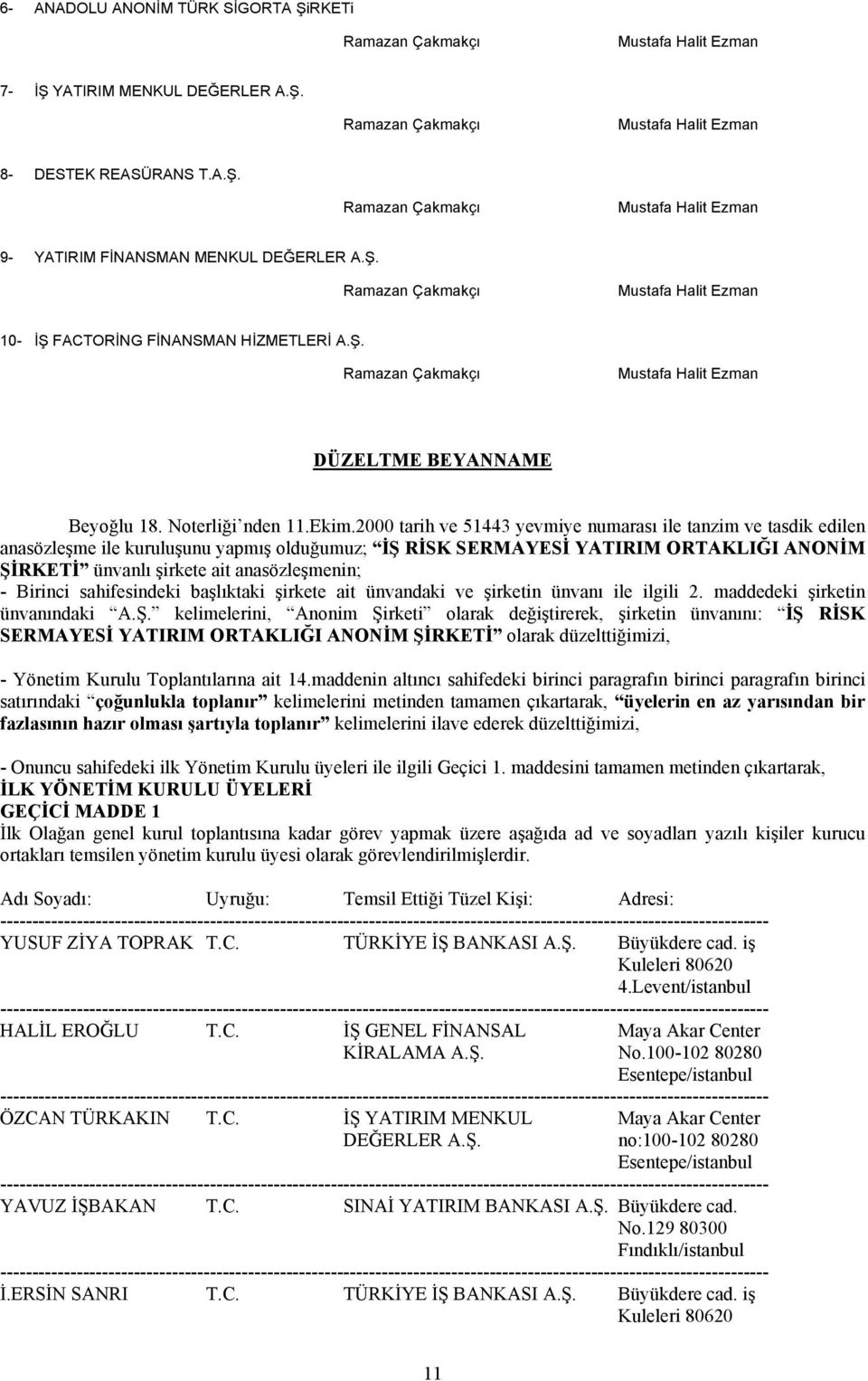 2000 tarih ve 51443 yevmiye numarası ile tanzim ve tasdik edilen anasözleşme ile kuruluşunu yapmış olduğumuz; İŞ RİSK SERMAYESİ YATIRIM ORTAKLIĞI ANONİM ŞİRKETİ ünvanlı şirkete ait anasözleşmenin; -