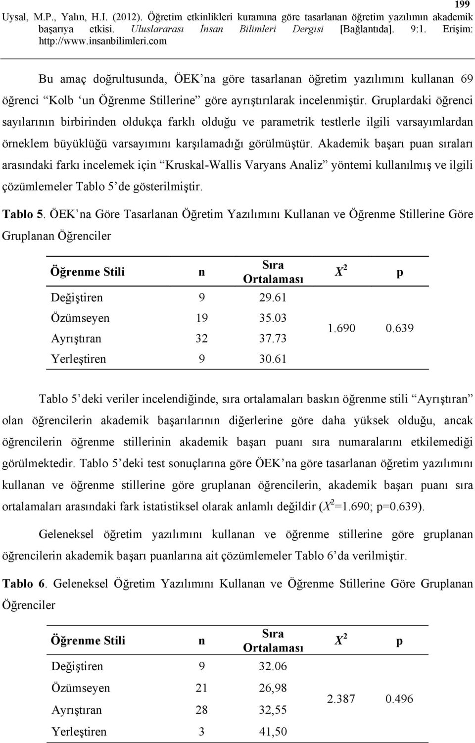 Akademik başarı puan sıraları arasındaki farkı incelemek için Kruskal-Wallis Varyans Analiz yöntemi kullanılmış ve ilgili çözümlemeler Tablo 5 