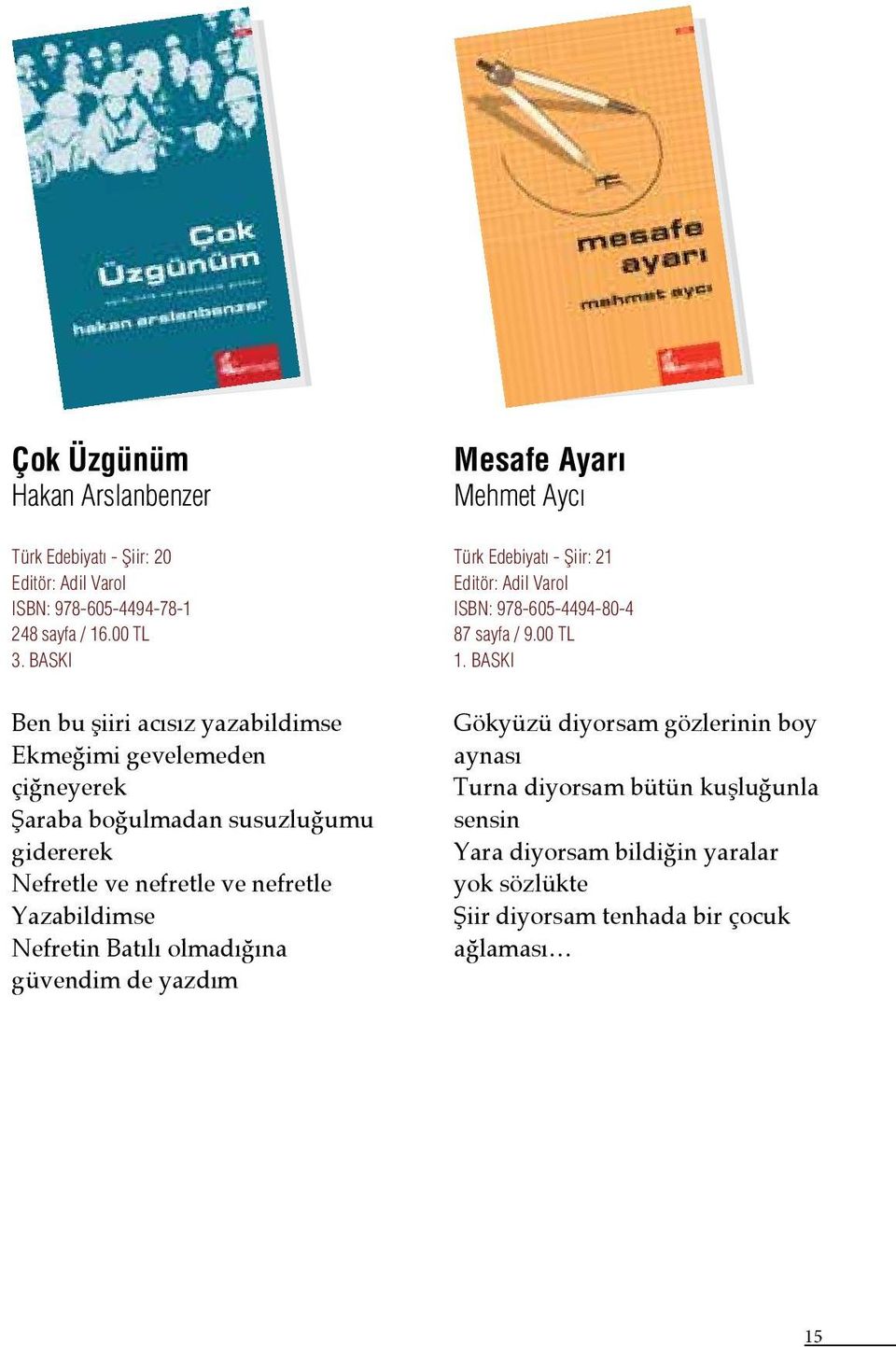 Yazabildimse Nefretin Batılı olmadığına güvendim de yazdım Mesafe Ayarı Mehmet Aycı Türk Edebiyatı - Şiir: 21 Editör: Adil Varol ISBN: