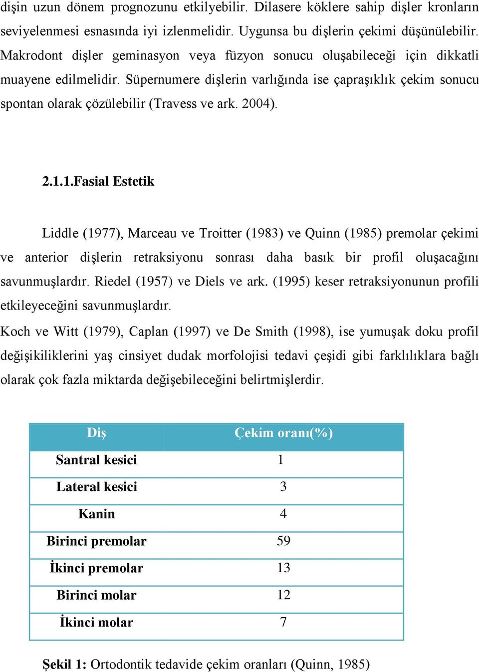 2004). 2.1.1.Fasial Estetik Liddle (1977), Marceau ve Troitter (1983) ve Quinn (1985) premolar çekimi ve anterior diģlerin retraksiyonu sonrası daha basık bir profil oluģacağını savunmuģlardır.