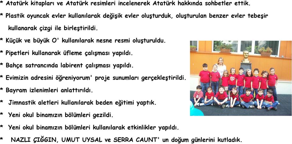 * Küçük ve büyük O' kullanılarak nesne resmi oluşturuldu. * Pipetleri kullanarak üfleme çalışması yapıldı. * Bahçe satrancında labirent çalışması yapıldı.