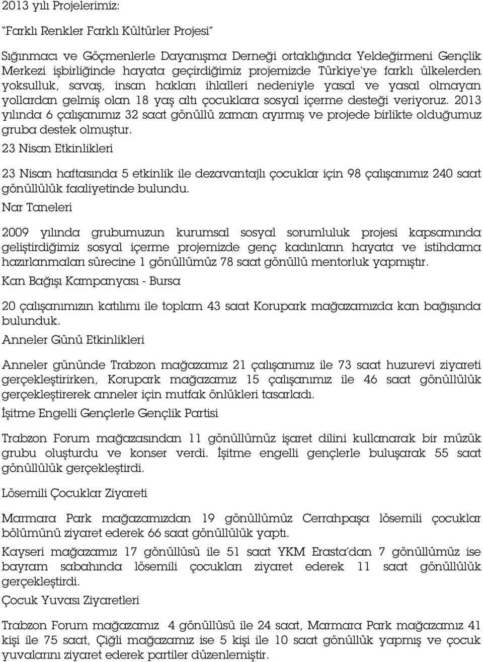 2013 yılında 6 çalışanımız 32 saat gönüllü zaman ayırmış ve projede birlikte olduğumuz gruba destek olmuştur.