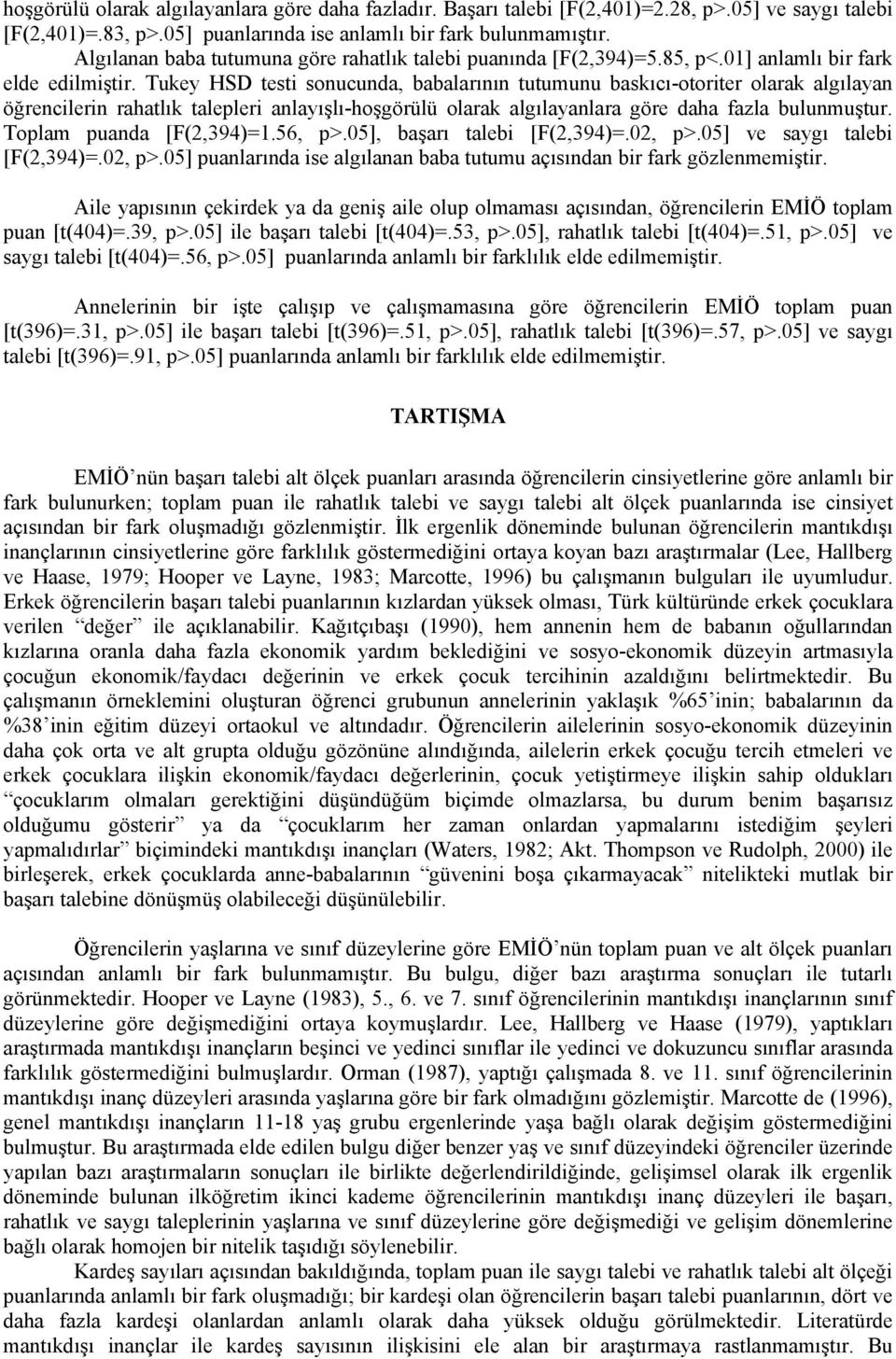 Tukey HSD testi sonucunda, babalarının tutumunu baskıcı-otoriter olarak algılayan öğrencilerin rahatlık talepleri anlayışlı-hoşgörülü olarak algılayanlara göre daha fazla bulunmuştur.