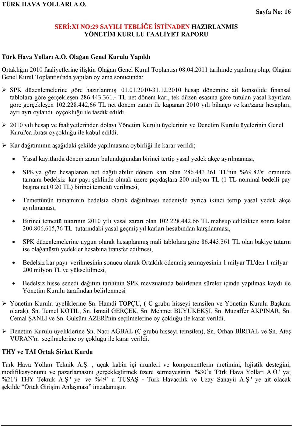 2010 hesap dönemine ait konsolide finansal tablolara göre gerçekleşen 286.443.361.- TL net dönem karı, tek düzen esasına göre tutulan yasal kayıtlara göre gerçekleşen 102.228.