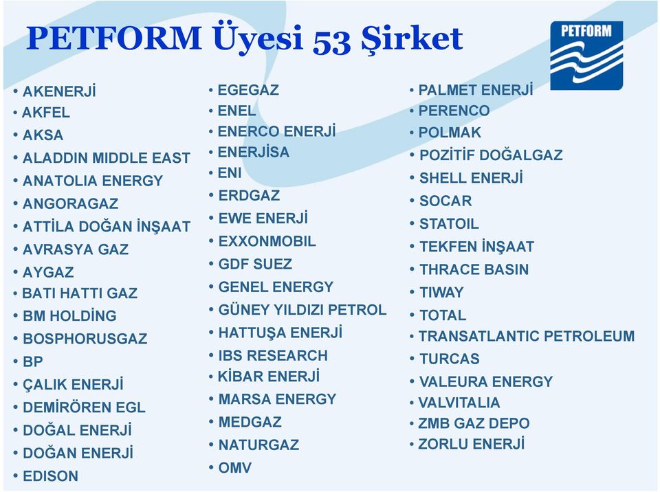 GDF SUEZ GENEL ENERGY GÜNEY YILDIZI PETROL HATTUŞA ENERJİ IBS RESEARCH KİBAR ENERJİ MARSA ENERGY MEDGAZ NATURGAZ OMV PALMET ENERJİ PERENCO POLMAK