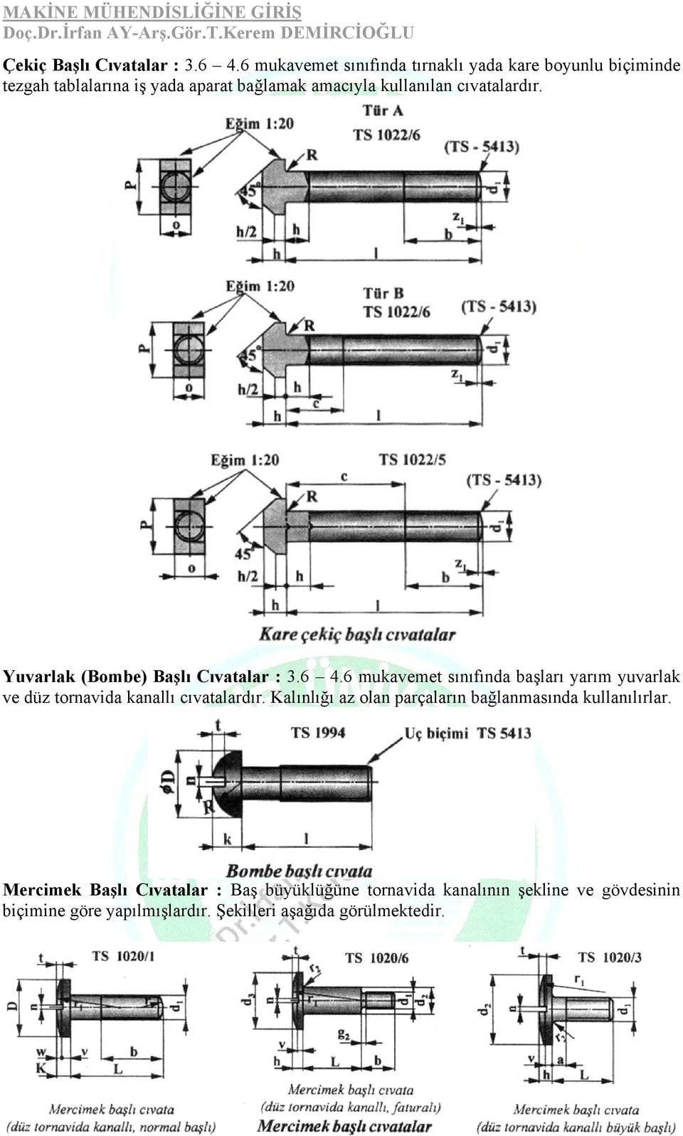 cıvatalardır. Yuvarlak (Bombe) Başlı Cıvatalar : 3.6 4.