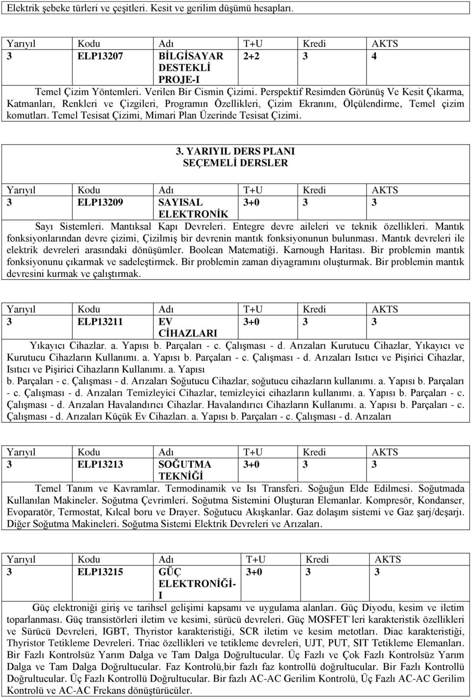 Temel Tesisat Çizimi, Mimari Plan Üzerinde Tesisat Çizimi. 3. YARIYIL DERS PLANI SEÇEMELİ DERSLER 3 ELP13209 SAYISAL ELEKTRONİK Sayı Sistemleri. Mantıksal Kapı Devreleri.