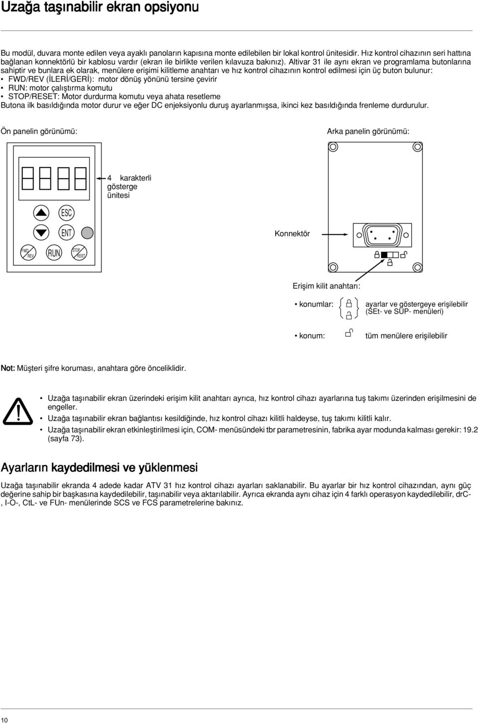 Altivar 31 ile ayn ekran ve programlama butonlar na sahiptir ve bunlara ek olarak, menülere eriflimi kilitleme anahtar ve h z kontrol cihaz n n kontrol edilmesi için üç buton bulunur: FWD/REV ( LER