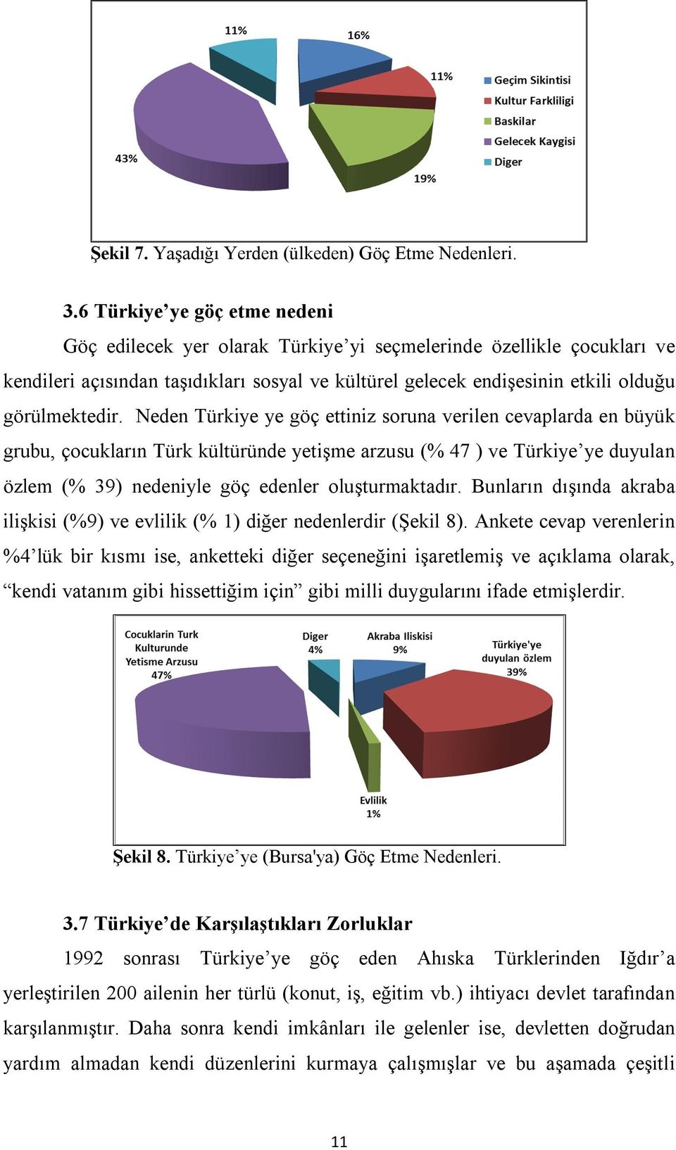 Neden Türkiye ye göç ettiniz soruna verilen cevaplarda en büyük grubu, çocukların Türk kültüründe yetişme arzusu (% 47 ) ve Türkiye ye duyulan özlem (% 39) nedeniyle göç edenler oluşturmaktadır.