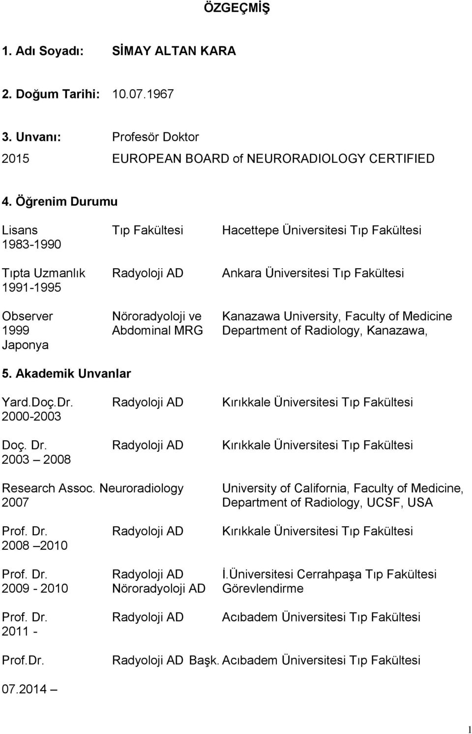 University, Faculty of Medicine 1999 Abdominal MRG Department of Radiology, Kanazawa, Japonya 5. Akademik Unvanlar Yard.Doç.Dr. Radyoloji AD Kırıkkale Üniversitesi Tıp Fakültesi 2000-2003 Doç. Dr.