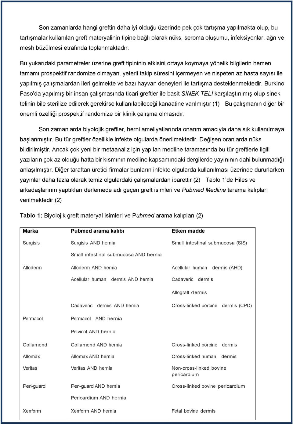 Bu yukarıdaki parametreler üzerine greft tipininin etkisini ortaya koymaya yönelik bilgilerin hemen tamamı prospektif randomize olmayan, yeterli takip süresini içermeyen ve nispeten az hasta sayısı