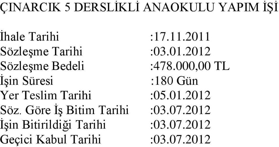 000,00 TL İşin Süresi :180 Gün Yer Teslim Tarihi :05.01.2012 Söz.