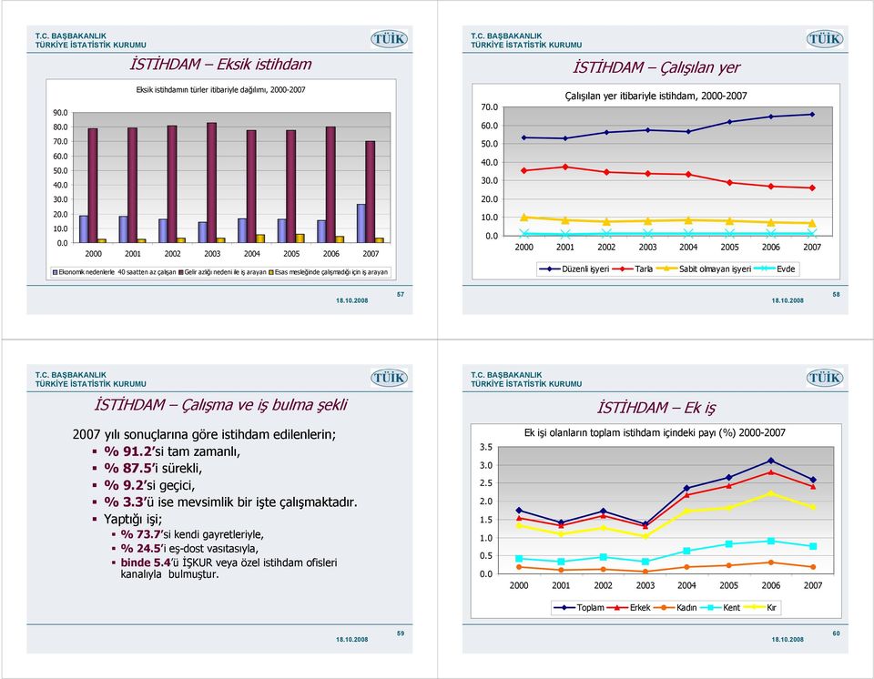 Ek iş 2007 yılı sonuçlarına göre istihdam edilenlerin; % 91.2 si tam zamanlı, % 87.5 i sürekli, % 9.2 si geçici, % 3.3 ü ise mevsimlik bir işte çalışmaktadır. Yaptığı işi; % 73.