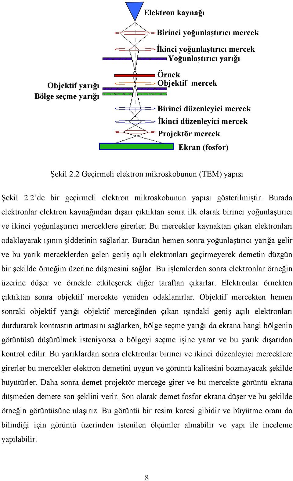 Burada elektronlar elektron kaynağından dışarı çıktıktan sonra ilk olarak birinci yoğunlaştırıcı ve ikinci yoğunlaştırıcı merceklere girerler.