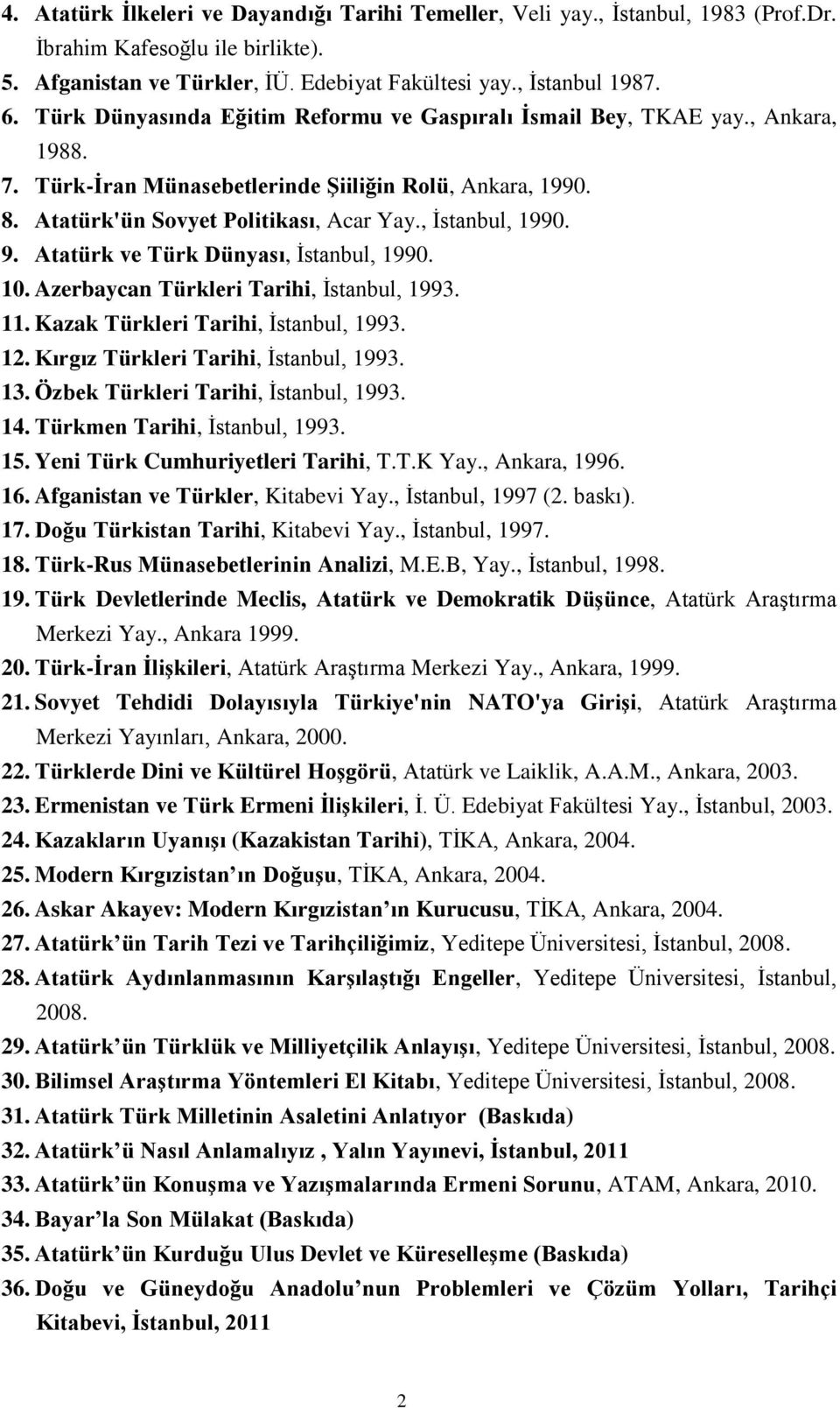 9. Atatürk ve Türk Dünyası, İstanbul, 1990. 10. Azerbaycan Türkleri Tarihi, İstanbul, 1993. 11. Kazak Türkleri Tarihi, İstanbul, 1993. 12. Kırgız Türkleri Tarihi, İstanbul, 1993. 13.