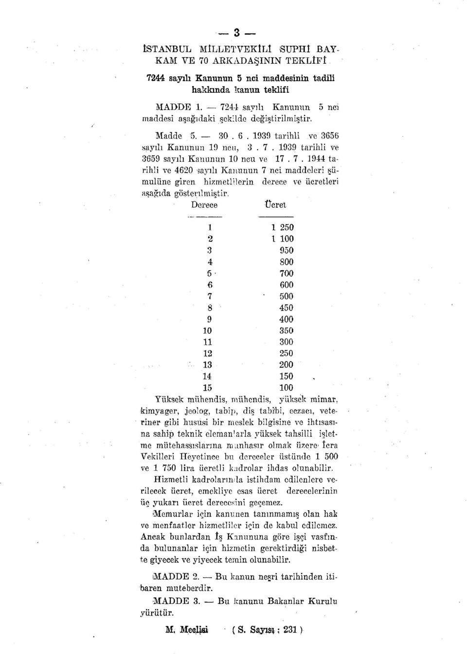 1944 tarihli ve 4620 sayılı Kanunun 7 nci maddeleri şümulüne giren hizmetlilerin derece ve ücretleri aşağıda gösterilmiştir.