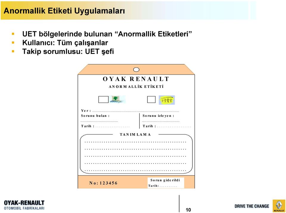 Takip sorumlusu: UET şefi OYAK RENAULT ANORM ALLİK ETİKETİ Ye r :.